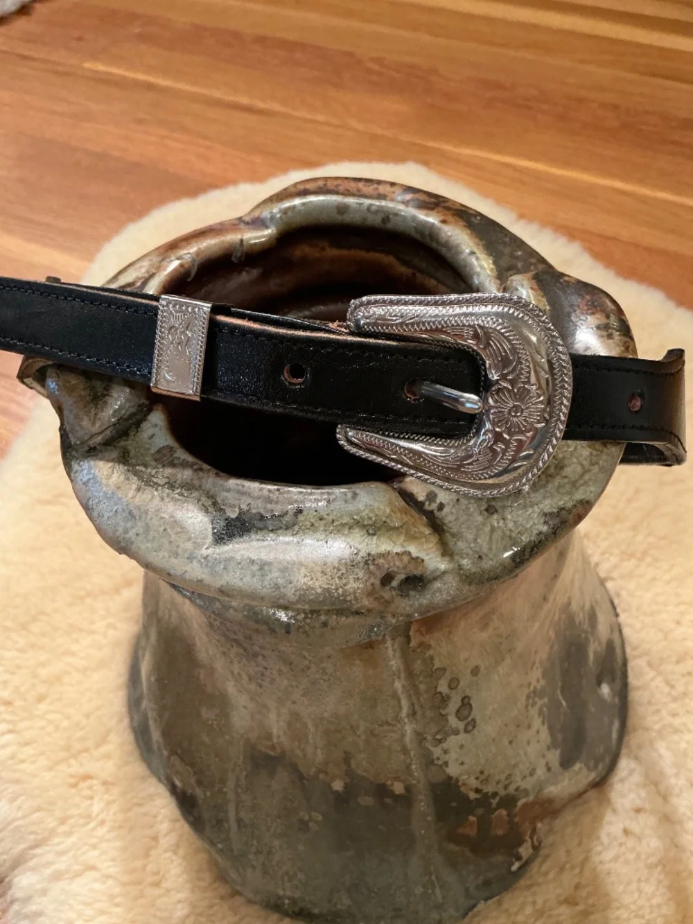 Vintage Brushy Creek black leather beaded western belt